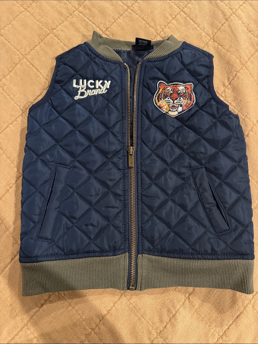 Lucky Brand Navy Quilted Vest with Tiger Patch